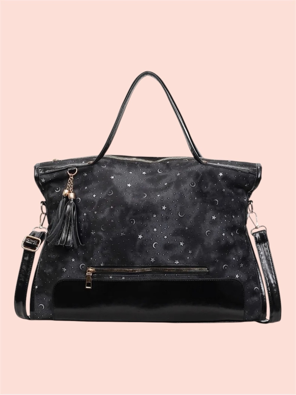 Black Star & Moon Tote Bag with Adjustable Straps
